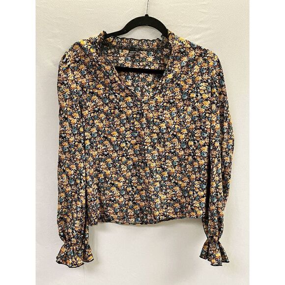 SHEIN Womens Ditsy Floral Notched Flounce Long Sleeve Blouse Floral Size Small - Picture 2 of 5